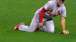 Stephen Piscotty exits after throw into the infield