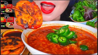 ASMR SHIN RAMEN BLACK NOODLES SPICY STEW   KIMCHI PANCAKES   ALMOND MILK | MEE PEDAS MAKAN 咀嚼音 | 먹방
