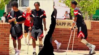 Leny Yoro Spotted at UCLA Post Manchester United Training on Crutches! Wishing for a Speedy Recovery