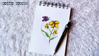 رسم سهل | رسم زهور جميله مع فراشه بالألوان الخشبيه | drawing a beautiful flower and butterfly ?