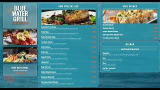 Deep blue digital seafood menu board with market pricing,  Side Dishes &amp; Drinks, all on one screen.
