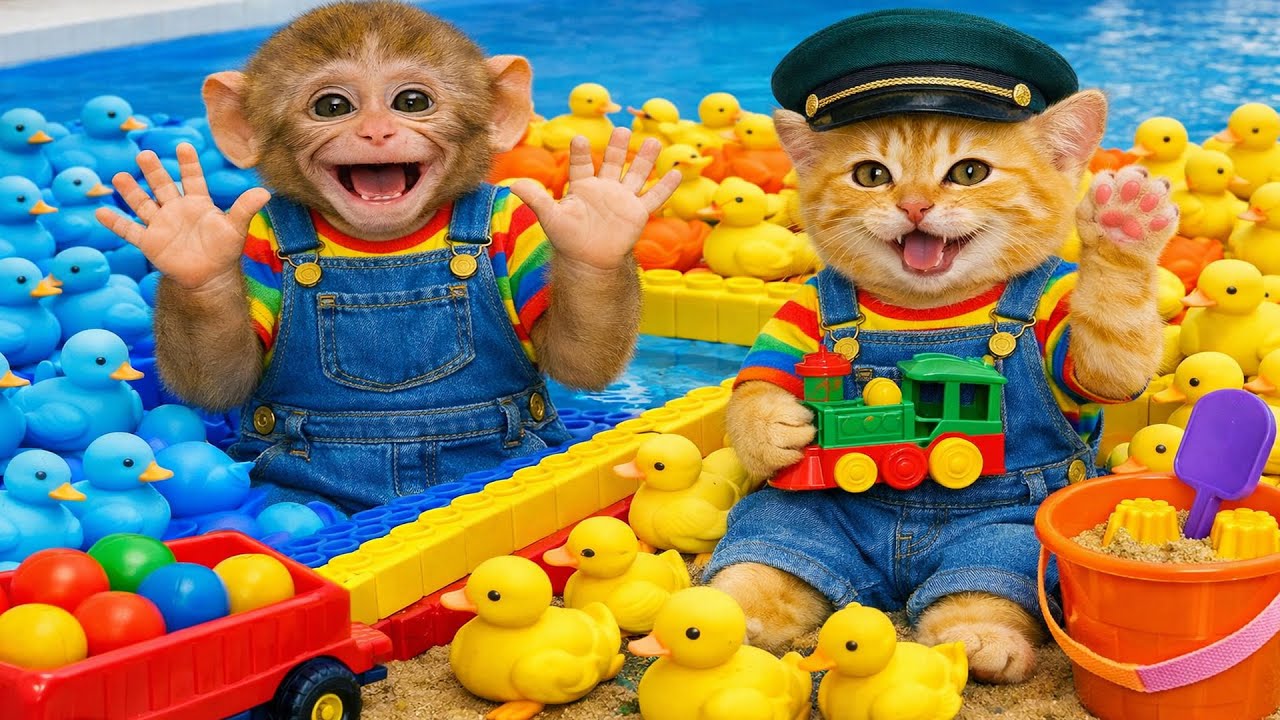 Bebé Dudu juega en la piscina y come helado con gatito y patitos | MONO DUDU ESP