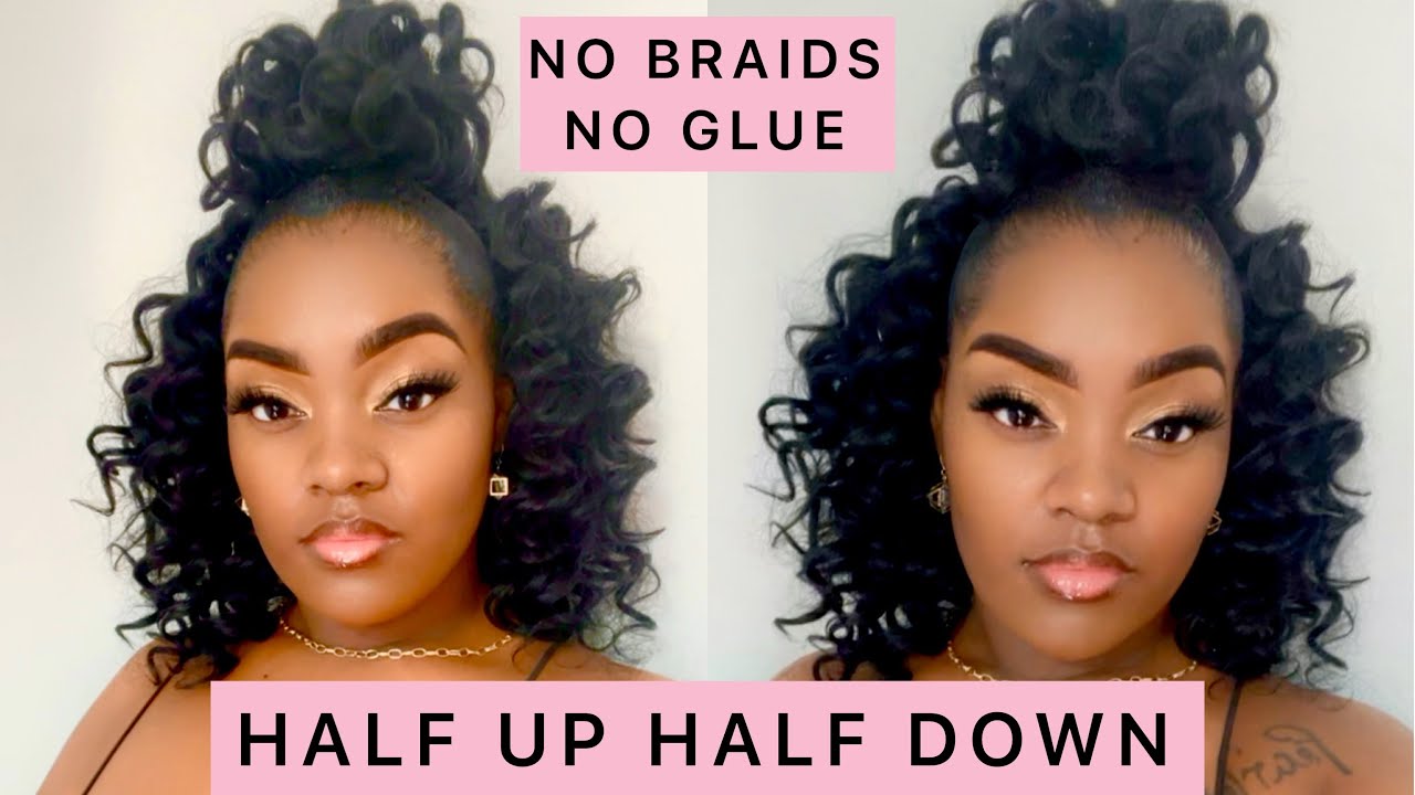 NO BRAID NO GLUE Curly Half Up Half Down Crochet w/ Messy Top Bun hairstyle|  Tatiaunna - YouTube