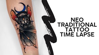 Neo traditional Bat Tattoo Time Lapse