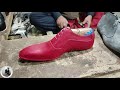 Bespoke Handmade Shoes Are Being Shaped, Red Whole-Cut Oxford Lace up Shoes