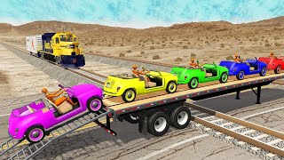 Double Flatbed Trailer Truck vs Speedbumps Train vs Cars | Tractor BeamNG.Drive #07