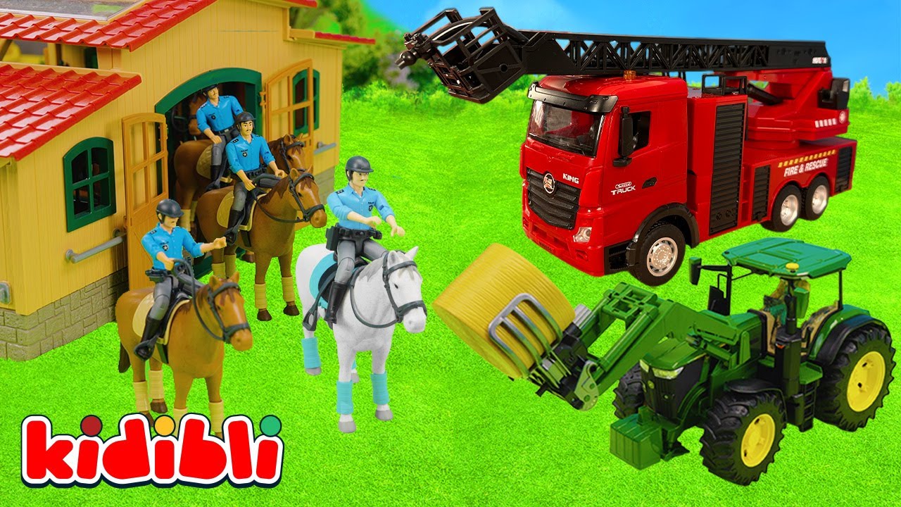 Les Pompiers Sauvent un Tracteur du Feu avec la Police à Cheval 🔥🚒 Vidéo Jouets Enfants | Kidibli