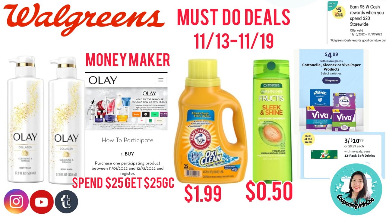 Walgreens Must Do Deals 11/1311/191.99 Arm&HammerMoney maker Olay