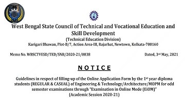 WBSCTE I New Notice l 1st sem Exam l EiOM form fill up 17th May 2021 to 24th May 2021.