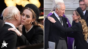 Kate Middleton geeft koning Charles een kus en buiging tijdens de begrafenis van de hertogin van ...
