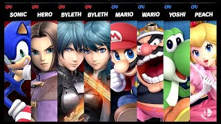 Sonic and Hero and Byleth and Byleth VS Mario and Wario and Yoshi and Peach Smash Bros Ultimate