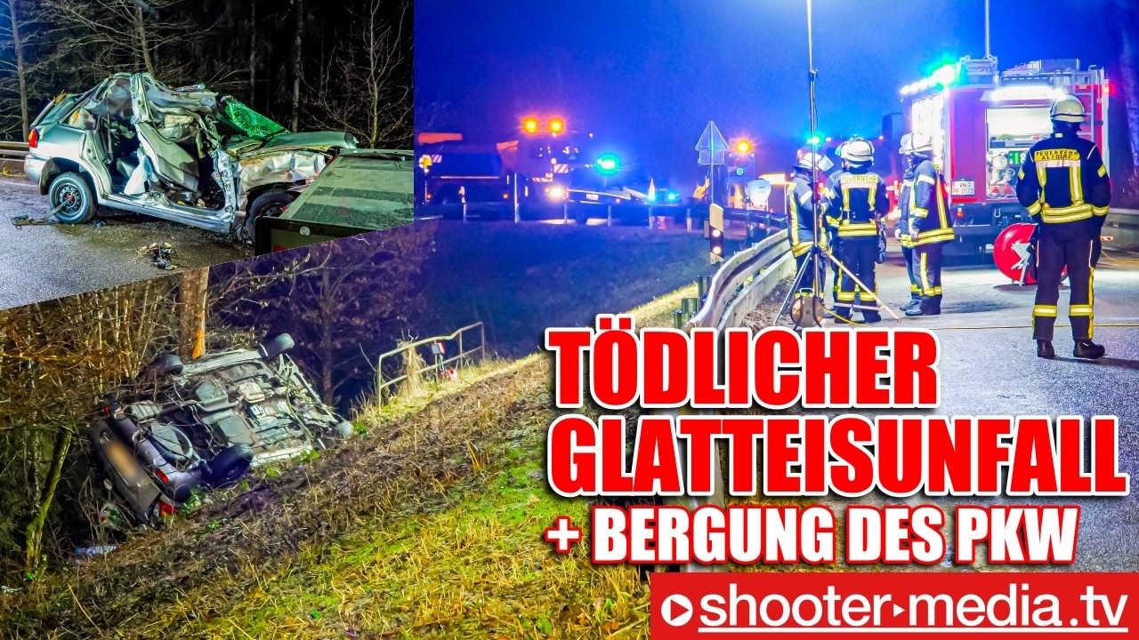 ❌  TÖDLICHER GLATTEISUNFALL - SPIEGELGLATTE STRASSE  ❌ | 🚒  Bergung vom Pkw & Person  🚒