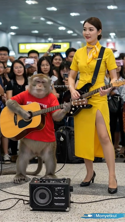 VIRAL MONYET MAIN GITAR DI BANDARA RUSIA BERSAMA PRAMUGARI CANTIK