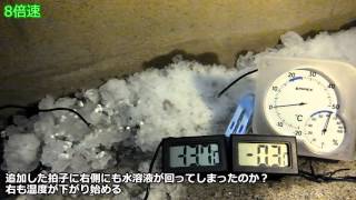 融雪剤(塩化カルシウム)で雪が溶ける様子