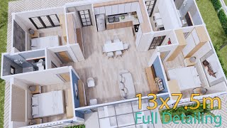 (43x25 Ft) House Plans (13x7.5 Meter) - 3 Beds - 2 Baths - Shed Roof (PDF Plan)