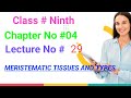 Class # Ninth Chapter No #04 Lecture No #29 Meristematic Tissues and types