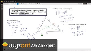 Given triangle ABC with two angle bisectors and lengths of some segments, find radius circumcircle.