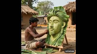 Stunning banana leaf face by village artist! Eco rural talent 🌿🎨#BananaLeafArt #LeafSculpture #ai