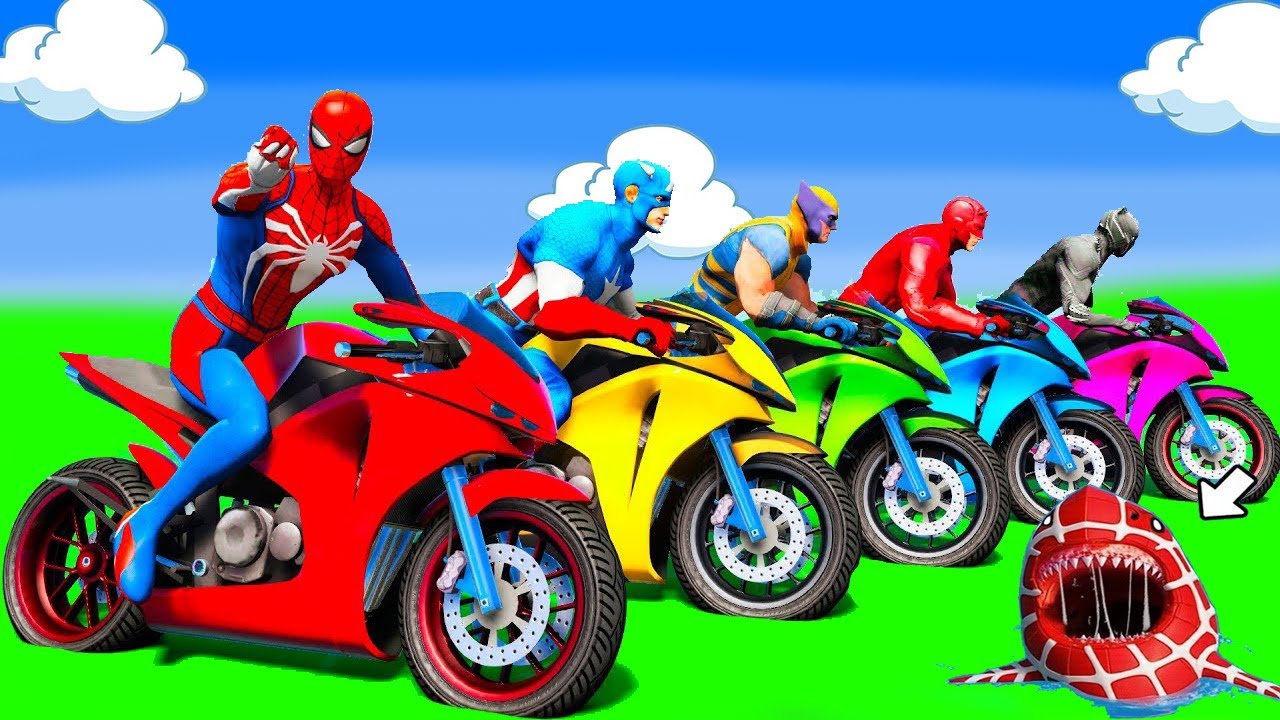 SPIDER MAN Takes on Spiral Bridge Stunt Ride on Motorcycle🦺🥽بطال الخارقين على القضبان دوامة قمع جس