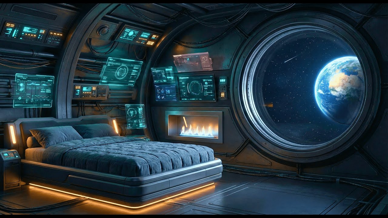 Drifting in Orbit with a Fireplace | Calm Space Ambience & Gentle Fire Sounds | 1 Hour