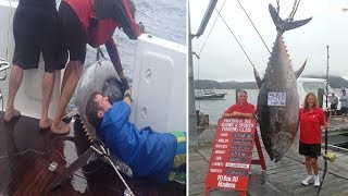 Fisherwoman catches world record 411.6kg TUNA worth $2m or 1769 tins after 4hr battle - New Zealand