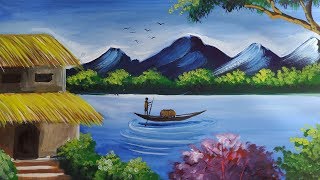 easy scenery poster simple draw drawings drawing village colour landscape colors painting beginners
