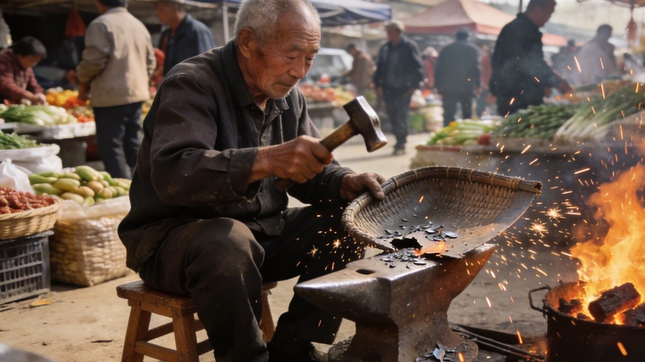 农村老手艺人改造铁簸箕！破烂不堪手柄都没了，老师傅抡起锤子修补的结实耐用！【老登】