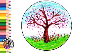 Yağlı Pastel Boya İle İlkbahar Ağacı Nasıl Çizilir - Kolay Ağaç Çizimi - How to Draw a Spring Tree