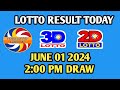 Lotto Result Today  June 01,2204 2:00 Draw // 2DLotto & 3DLotto