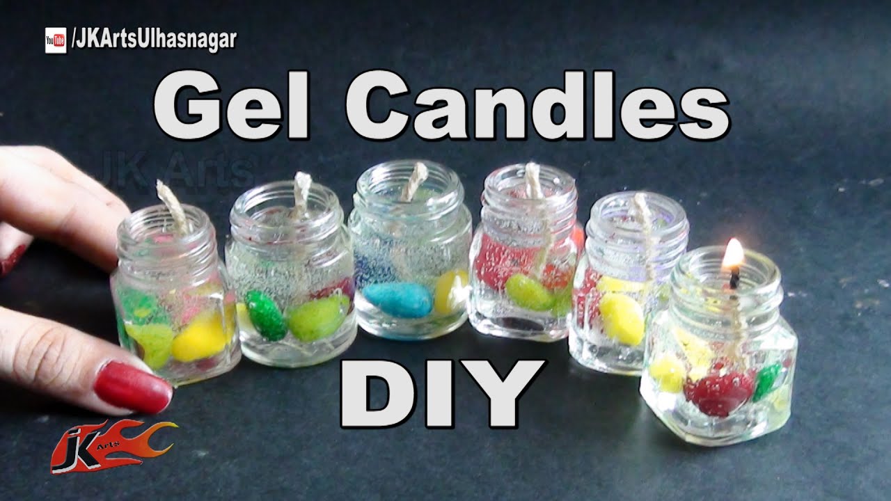 Create your own Gel candle. First decorate the bottom of the container with  colored sand, shells, glass…