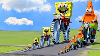 Big \& Small: SpongeBob on a motorcycle with Saw wheels vs Patrick on a motorcycle vs Trains | BeamNG