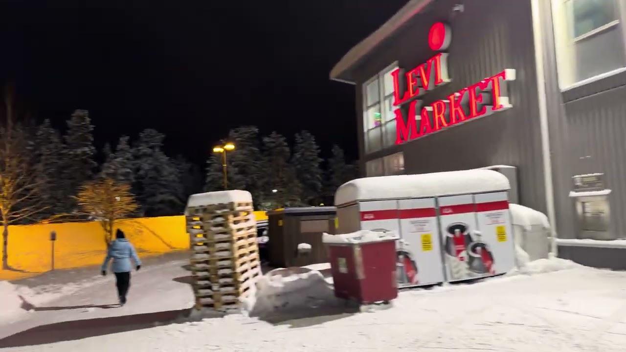 Levi Finland (Lapland) Street walk from town centre to Levilehto apartments. December 2025
