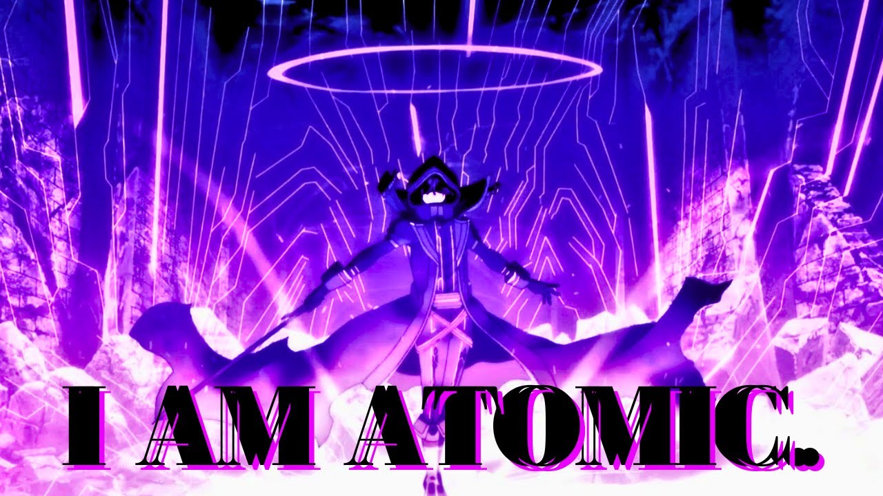 Cid Kagenou from The Eminence in Shadow posing dramatically with a powerful aura, related to the I AM ATOMIC meme.