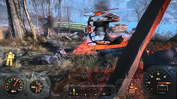 Fallout 4 - Vertibird Crash Site, Synth Patrol Unit Kills Stunted Tao Guai Bear Gameplay Sequence