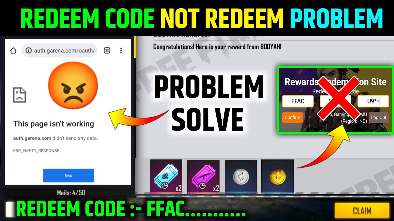 FFAC REDEEM CODE NOT REDEEM PROBLEM FREE FIRE || THIS PAGE ISN'T WORKING PROBLEM IN FFAC REDEEM CODE