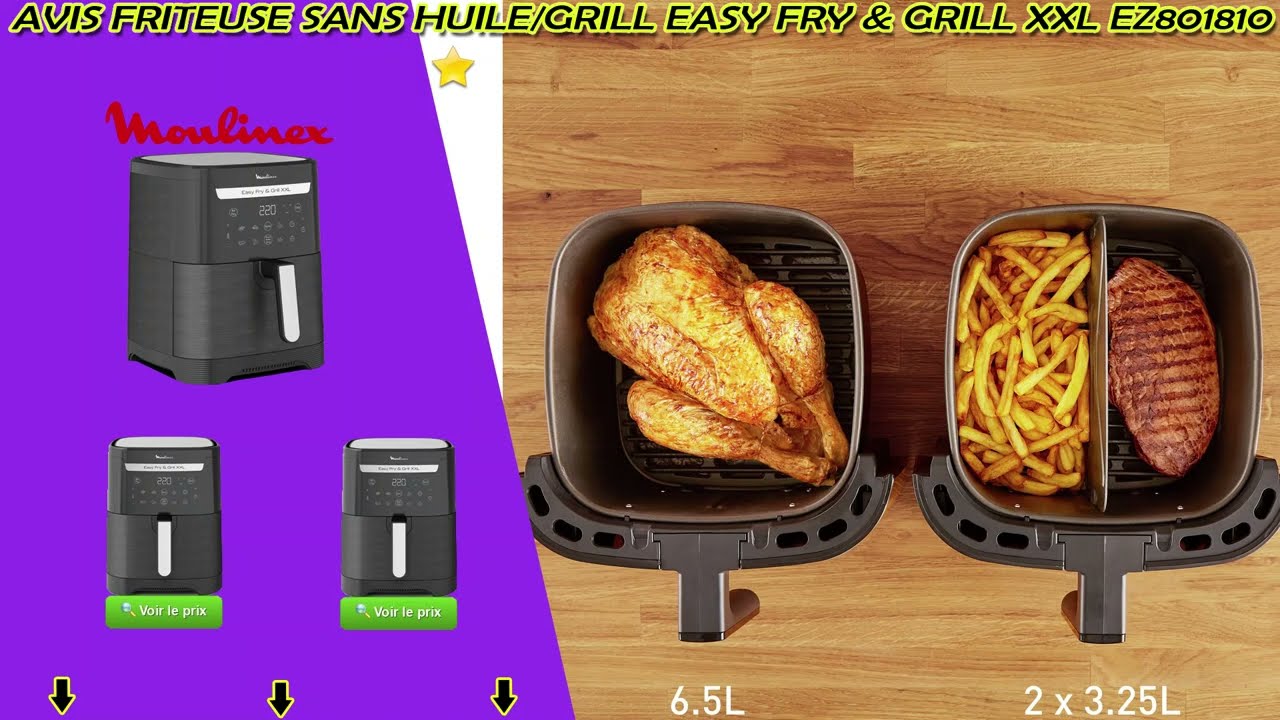 Moulinex Friteuse sans huile XXL + gril, 6,5 L, 8 personnes, 8 programmes,  Séparateur Flexcook double cuisson (3,25 L chacun), Air fryer, Frites,  Grillades, Poulet rôti, Easy Fry & Grill XXL EZ801810 