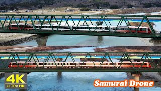 快速海里　荒川橋梁下り　ＨＢ－Ｅ３００系気動車　列車番号８８５３Ｄ上り列車番号８８５２Ｄ　各０．５倍速スローワンショット　羽越本線　【４Ｋドローン鉄道動体空撮】　60fps　２０２４年０３月