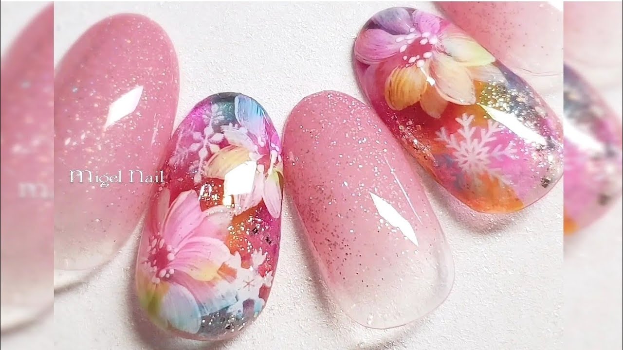 雪の結晶✕レインボーフラワーネイルアート（クリスマス～お正月）♡Snowflake and Rainbow Flower Nail Art