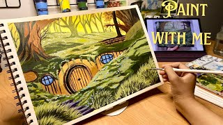 Paint With Me 🌿 Cozy Hobbit Hole in an Enchanted Forest 🍃 Gouache Painting