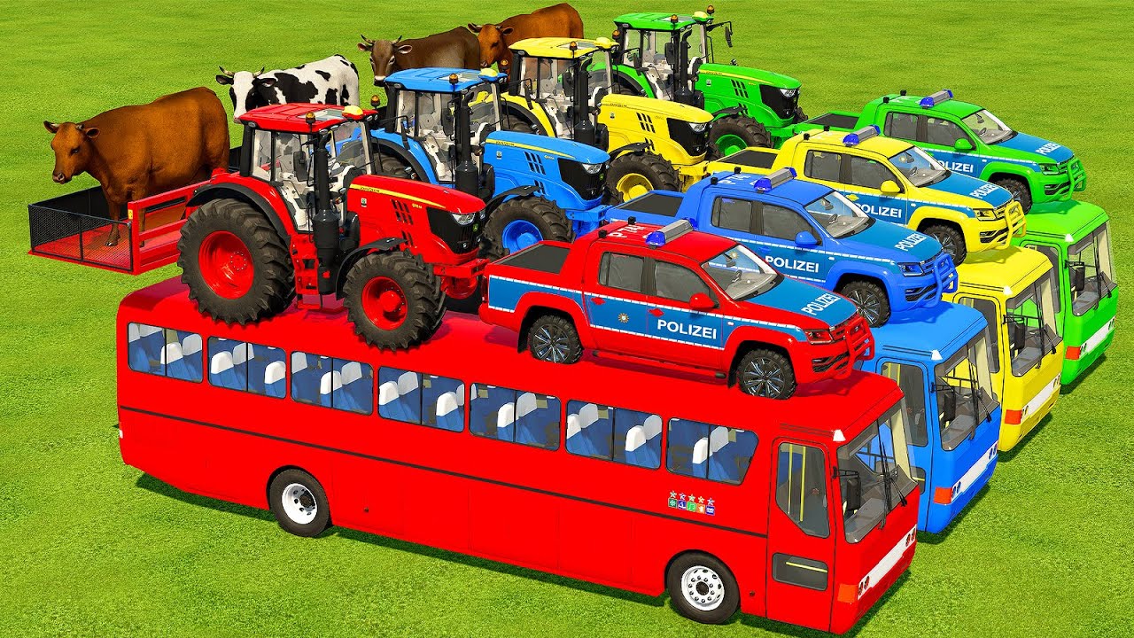 TRANSPORTING VOLKSWAGEN POLICE CARS & JOHN DERRE TRACTORS WITH SCHOOL BUSES - Farming Simulator 22