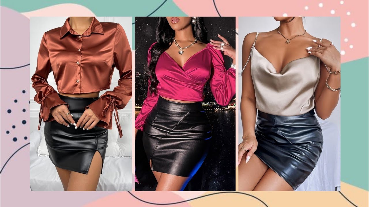 Leather Skirts Outfit With Satin Silk Blouses/Tops