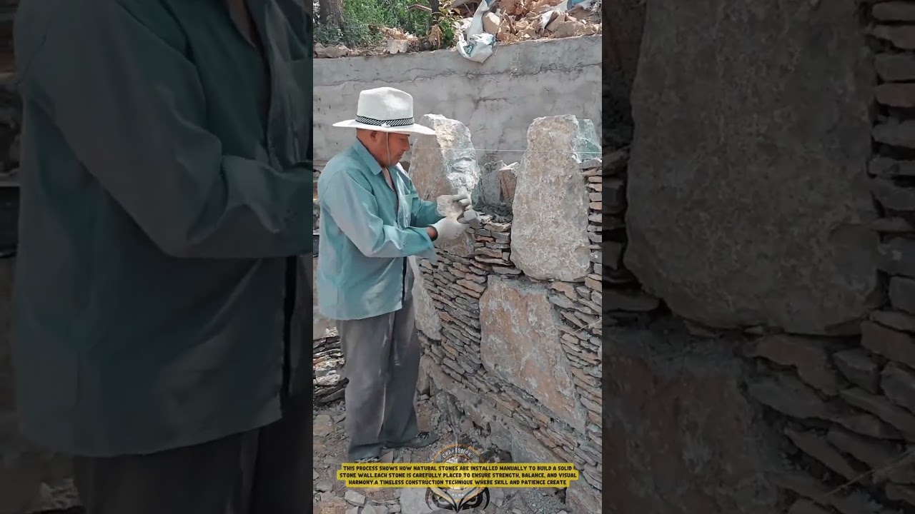 Традиционное строительство каменных стен с использованием ручных инструментов для кладки