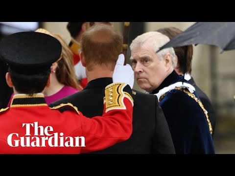 Prince Harry and Prince Andrew arrive at Westminster Abbey for coronation of King Charles