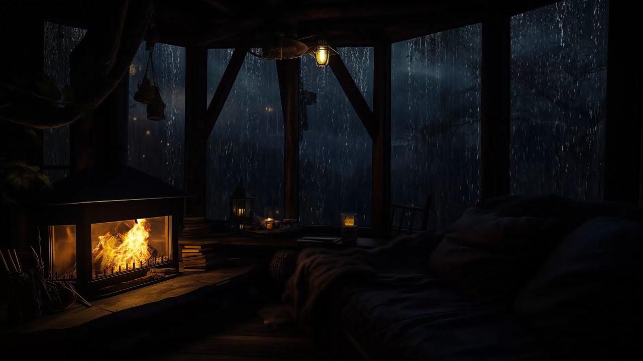 Peaceful Rainy Night in a Wooden Cabin w/ Fireplace Sounds for Sleep ...