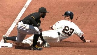 PIT@SF: Out call stands on Aoki at third base