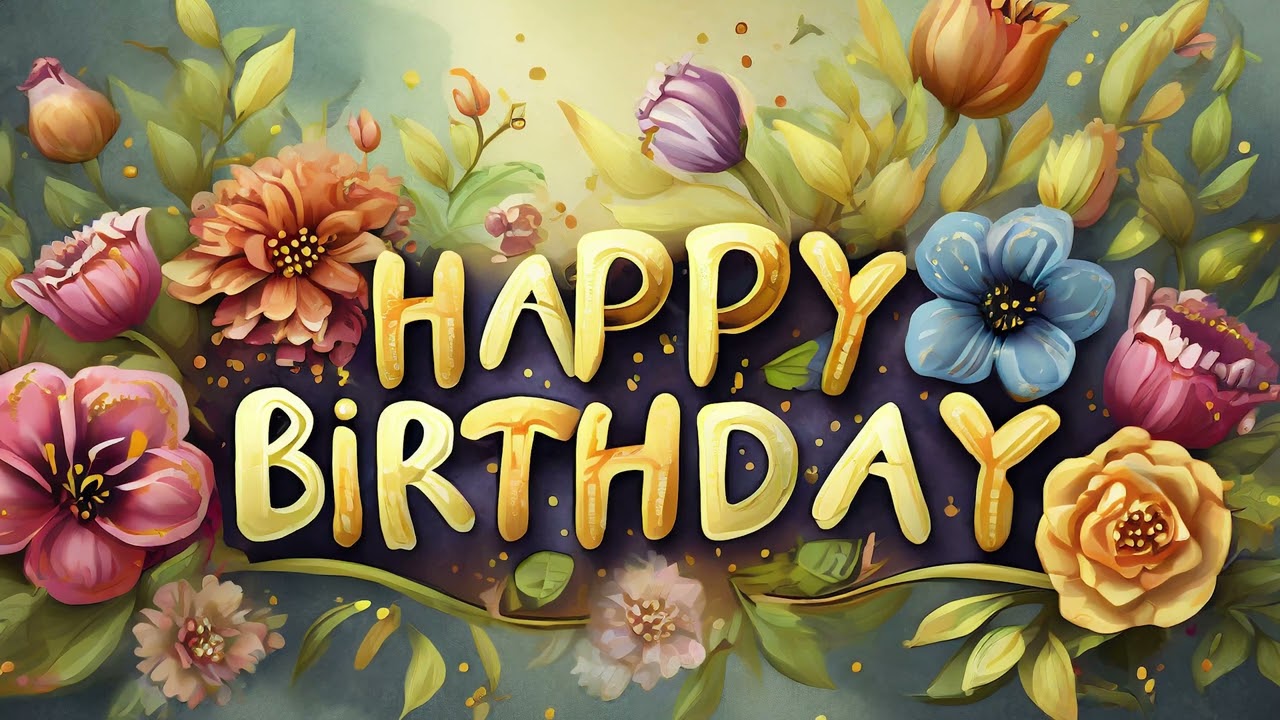 Happy Birthday with flowers, Loop. Background loop. Screensaver. 1 Hour loop.