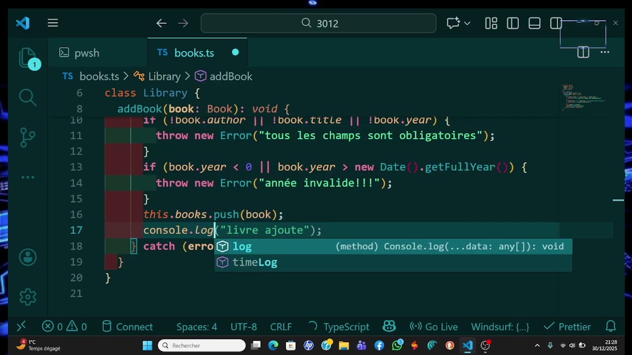 TP24 TYPESCRIPT BIBLIOTHEQUE DE LIVRE interface-classe-gestion erreurs