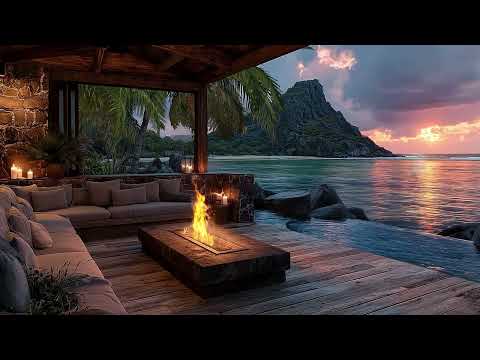 A Calm Evening on a Tropical Beach with Campfire Warmth and Soothing Waves 🌊
