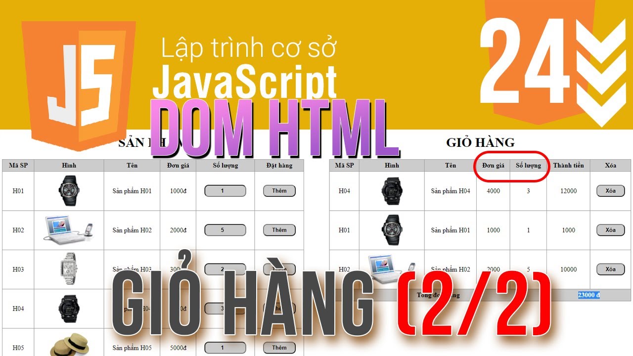 Javascript DOM HTML giỏ hàng, tạo nút xóa và tính tổng đơn hàng | Lập ...