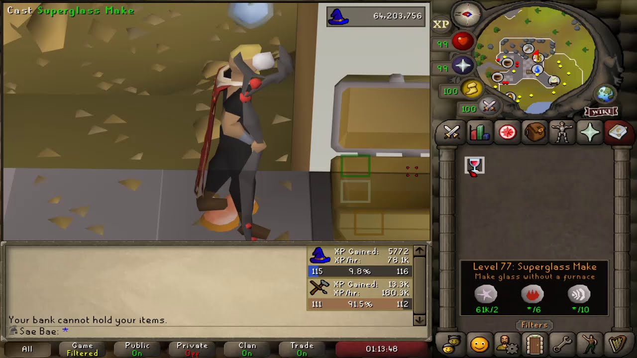 6-Tick Superglass Make (180k crafting xp/hr, 78k magic xp/hr)
